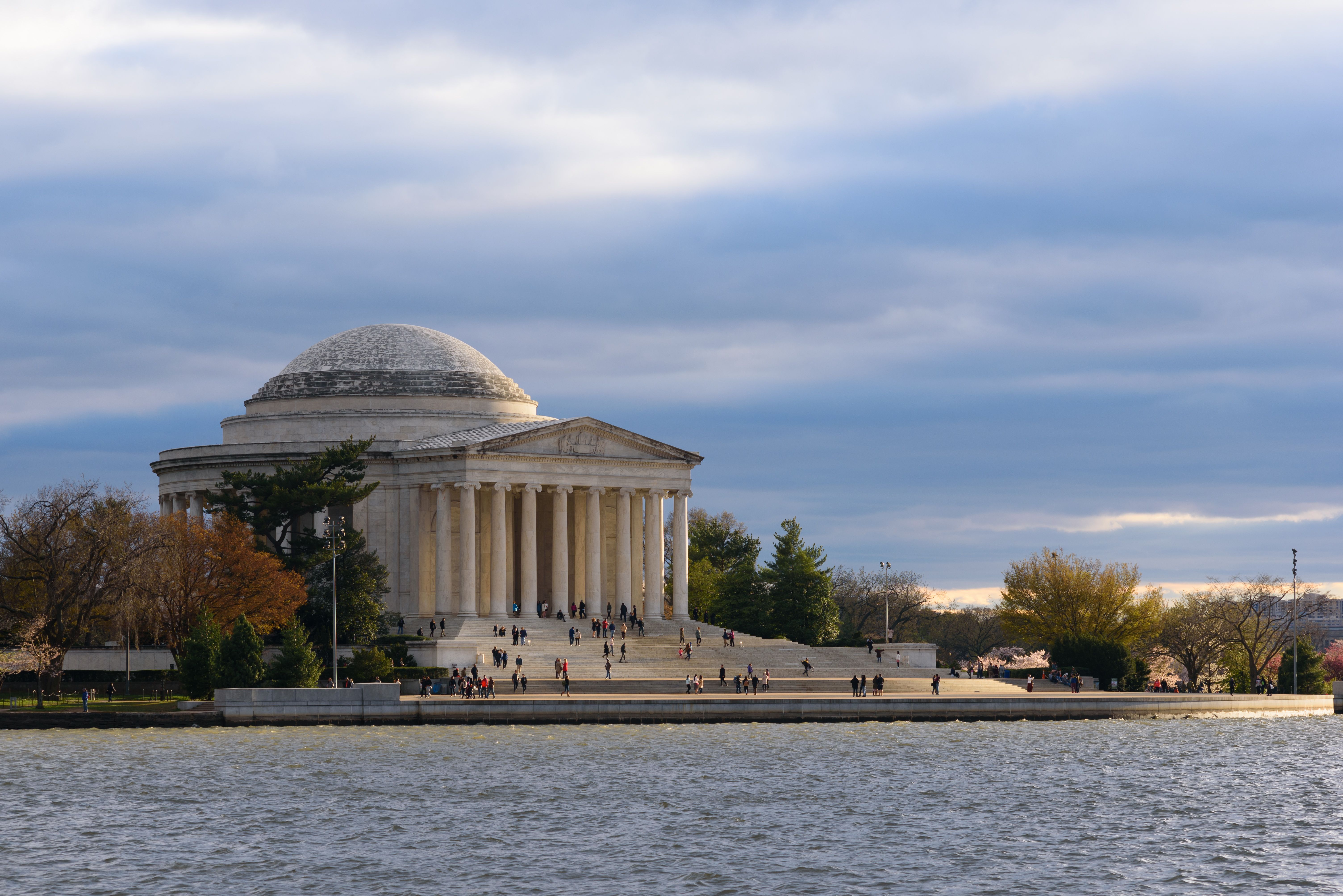 The domed Jefferson Memorial reflected in the Tidal Basin.