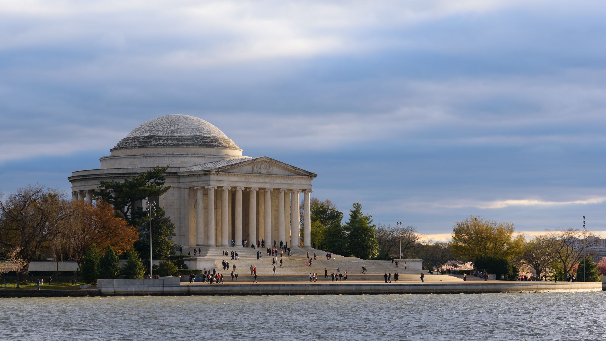 The domed Jefferson Memorial reflected in the Tidal Basin.