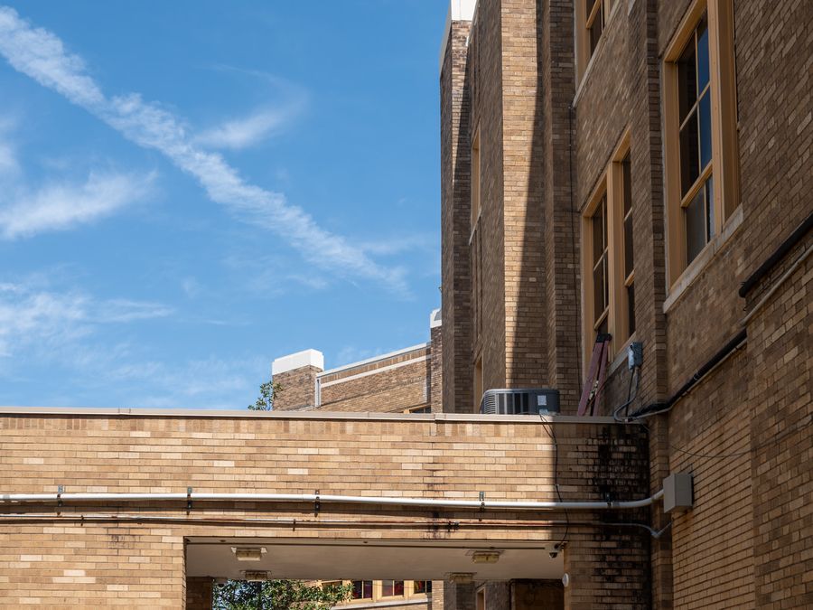 A detail view of the towers and entrance of Little Rock Central High.