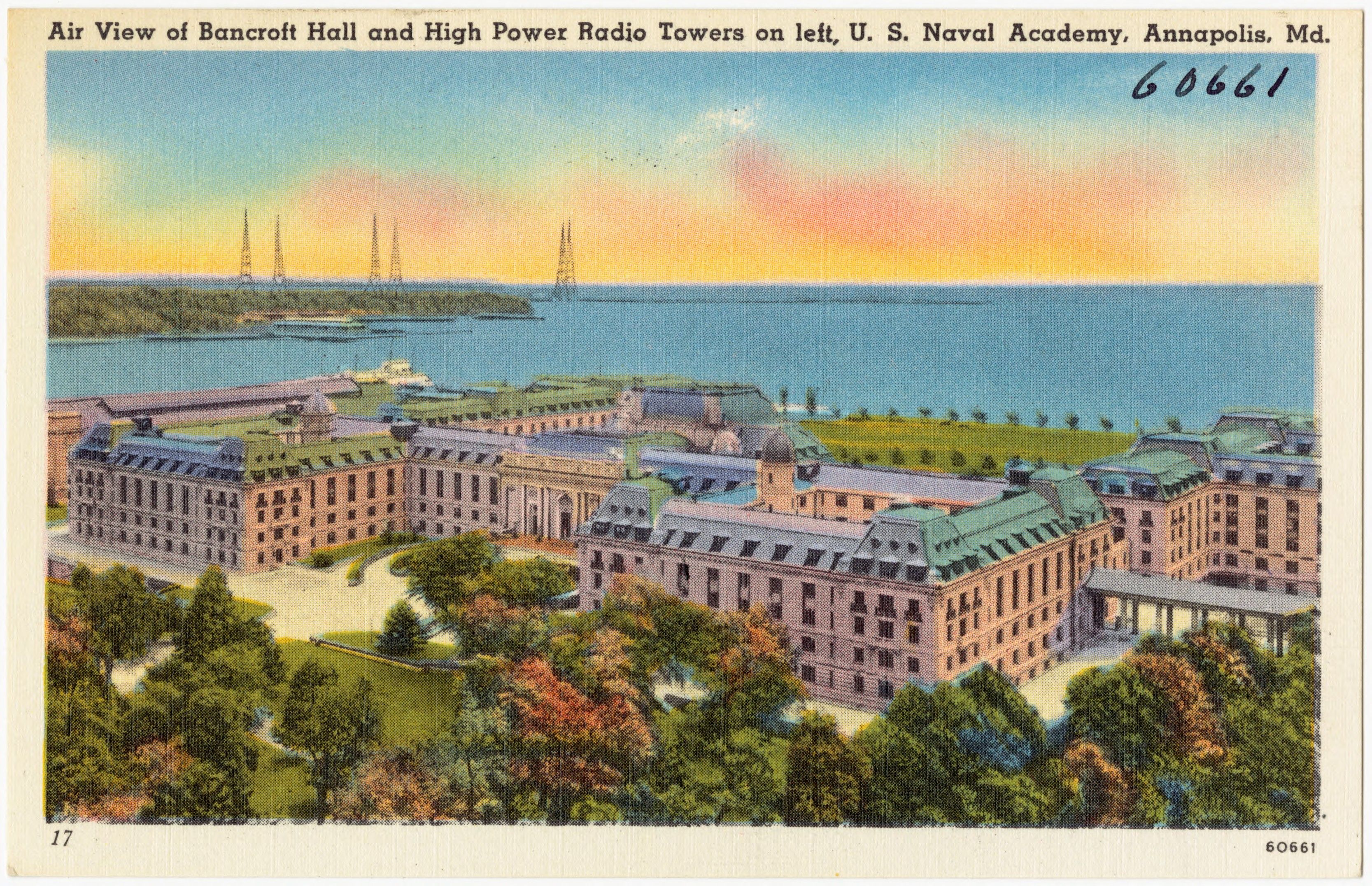 A historic aerial photograph of Bancroft Hall at the Naval Academy.