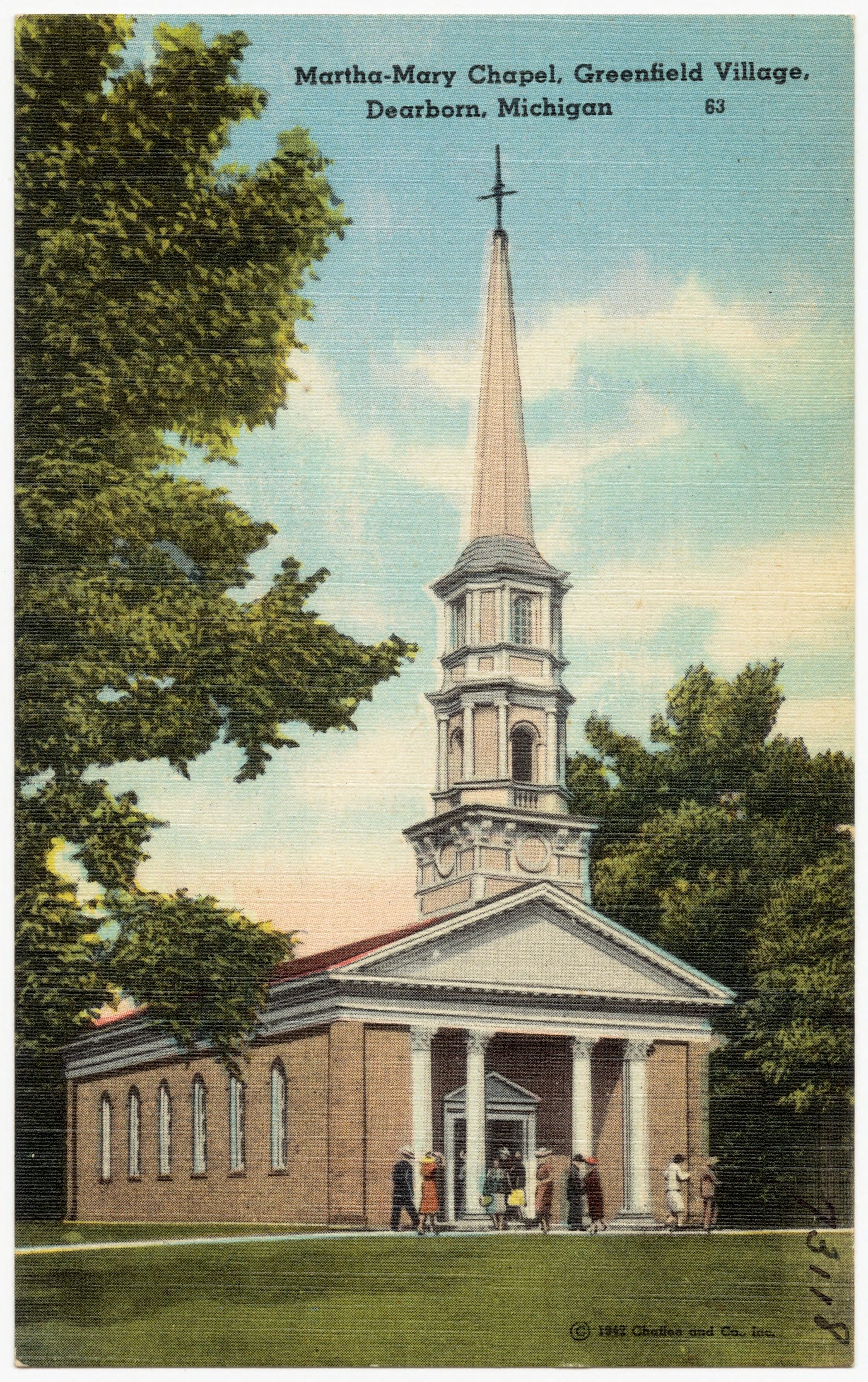 A vintage postcard view of the Martha-Mary Chapel at Greenfield Village.