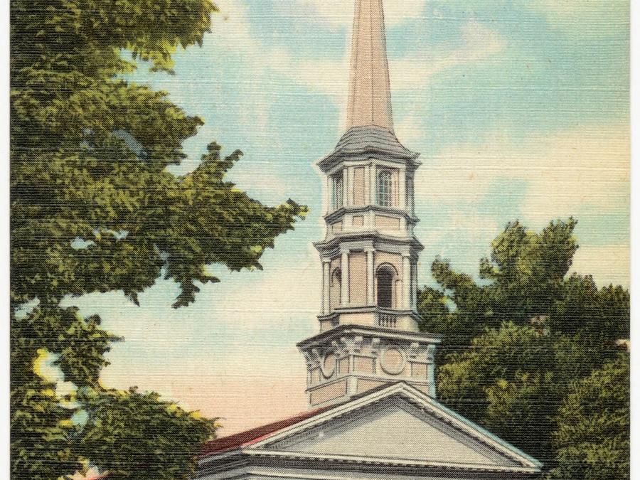 A vintage postcard view of the Martha-Mary Chapel at Greenfield Village.