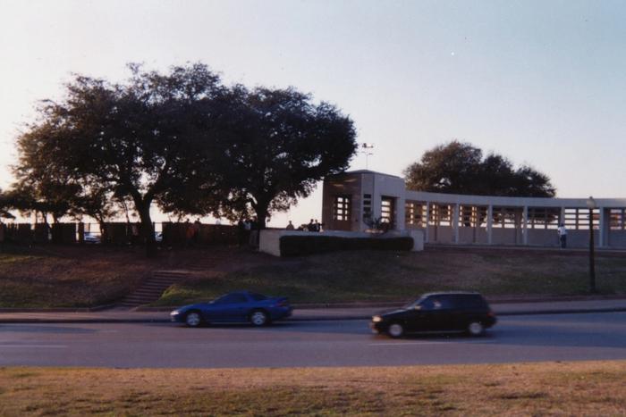 The grassy knoll and picket fence at Dealey Plaza in Dallas.