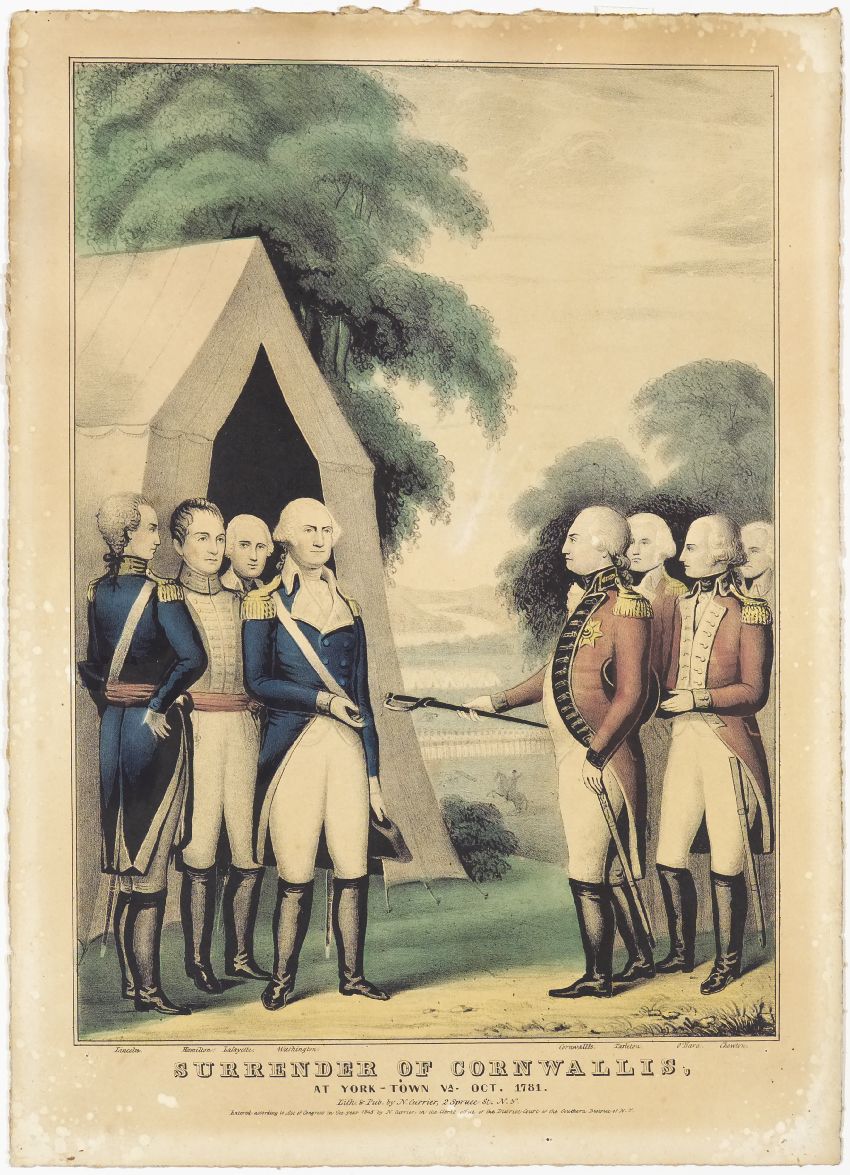 A Currier lithograph of the surrender of Cornwallis at Yorktown in 1781.