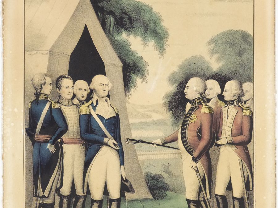 A Currier lithograph of the surrender of Cornwallis at Yorktown in 1781.