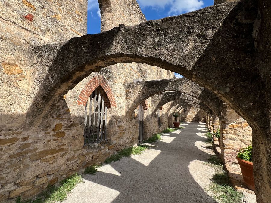 The arched cloister walkway at Mission San Jose.