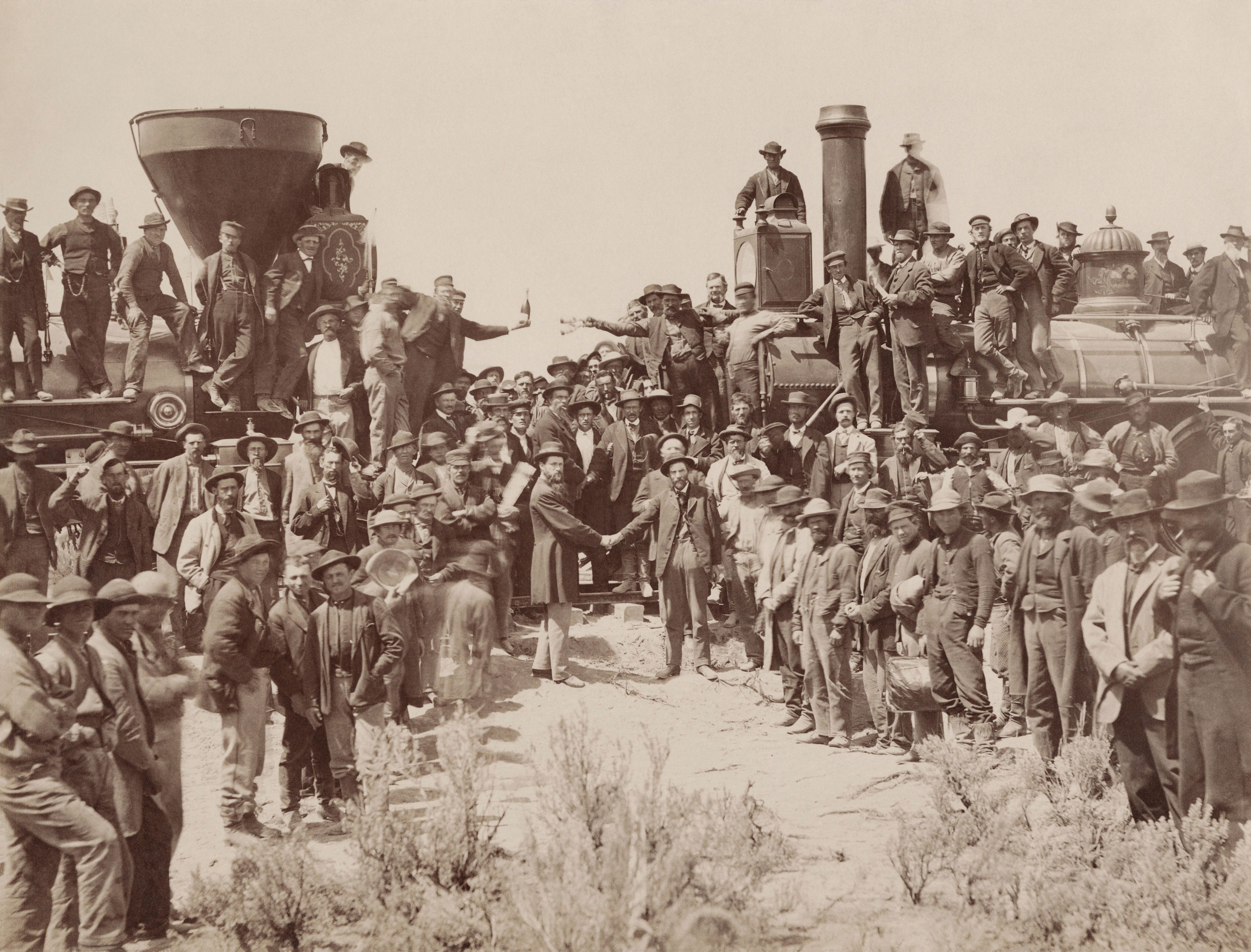 The famous 1869 photograph of the golden spike ceremony at Promontory Summit.