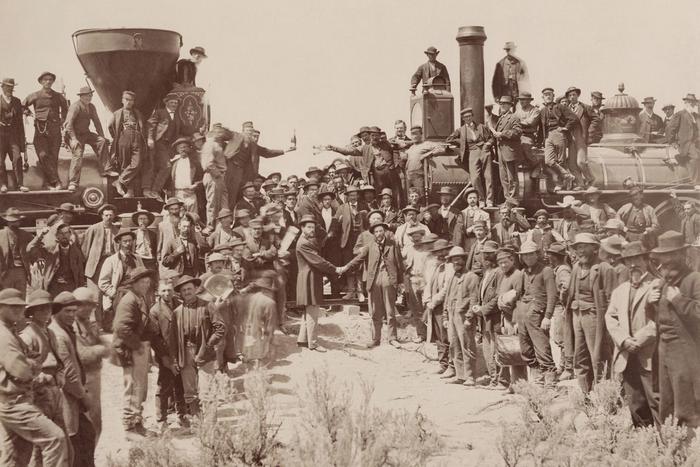 The famous 1869 photograph of the golden spike ceremony at Promontory Summit.