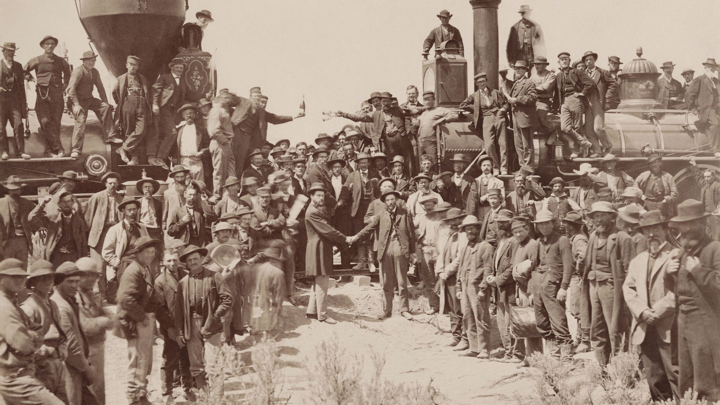 The famous 1869 photograph of the golden spike ceremony at Promontory Summit.