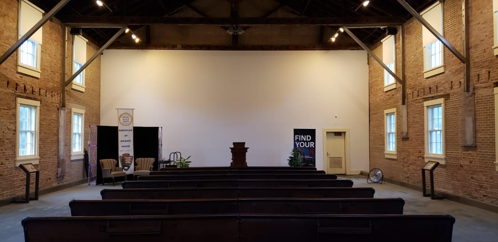The restored interior of the Wesleyan Chapel in Seneca Falls.