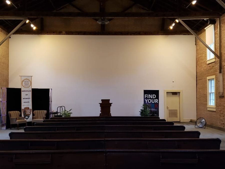 The restored interior of the Wesleyan Chapel in Seneca Falls.
