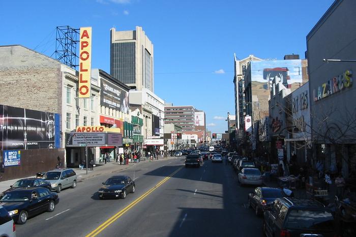 The marquee of the Apollo Theater on 125th Street in Harlem.