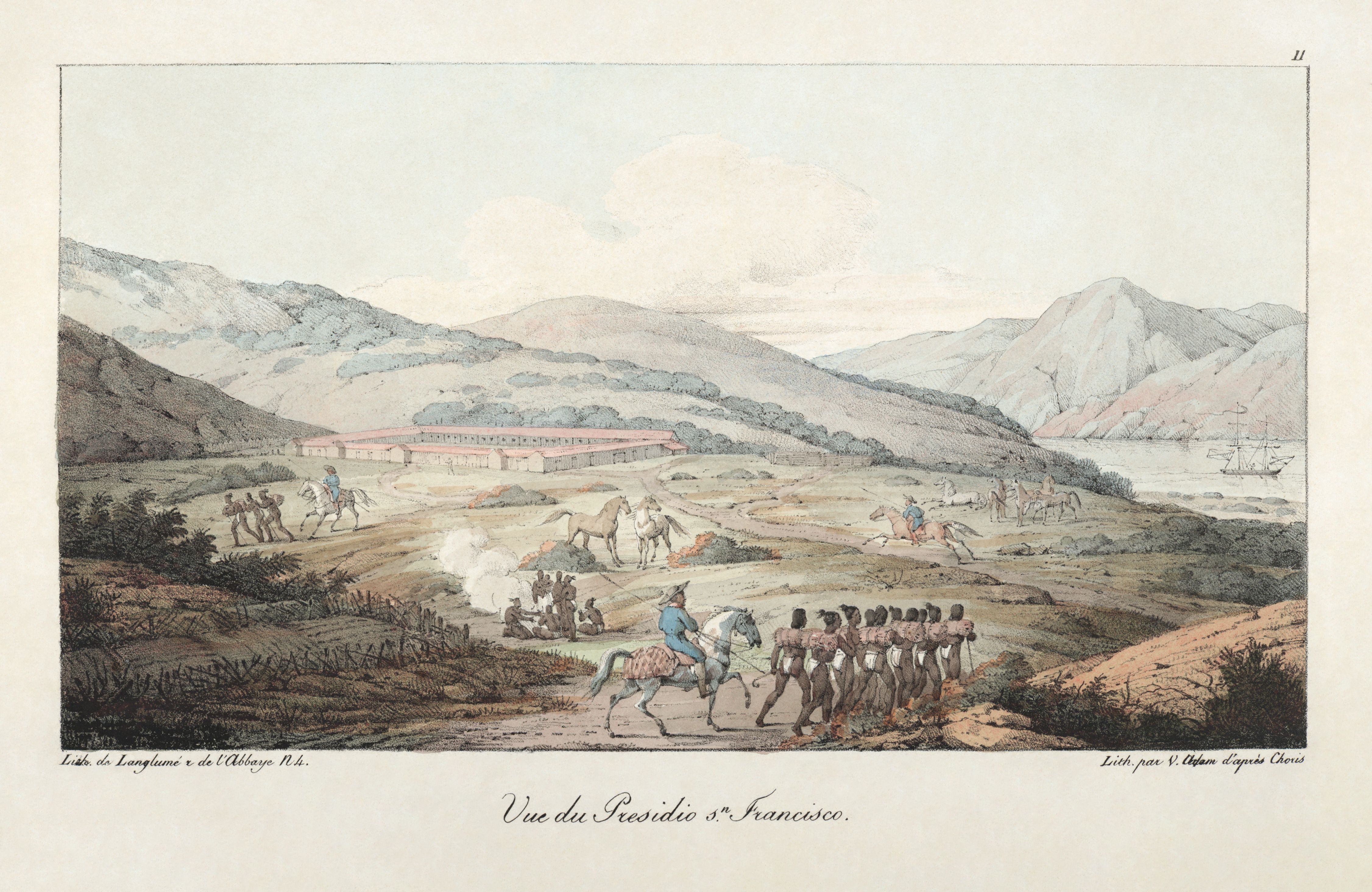 An 1822 illustration of the Presidio of San Francisco under Spanish/Mexican rule.