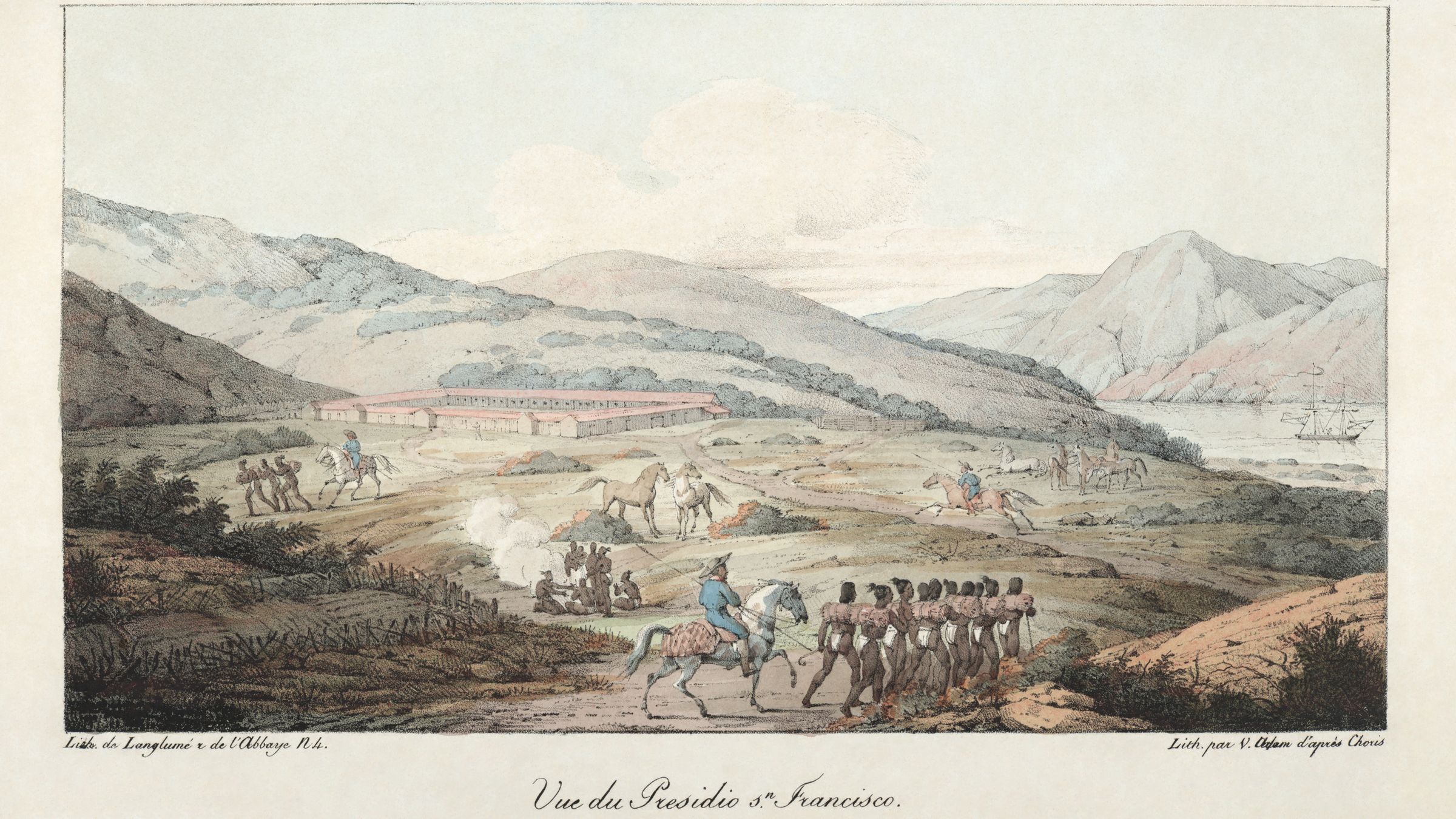 An 1822 illustration of the Presidio of San Francisco under Spanish/Mexican rule.