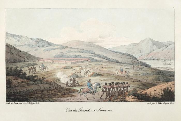 An 1822 illustration of the Presidio of San Francisco under Spanish/Mexican rule.