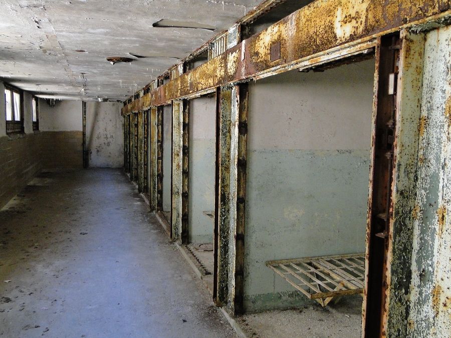 A decaying cellblock corridor inside Eastern State Penitentiary.