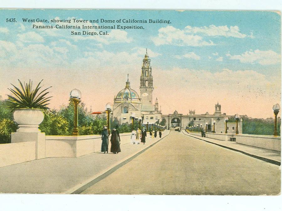 The West Gate of the 1915 Panama-California Exposition, showing the Tower and Dome of the California Building.