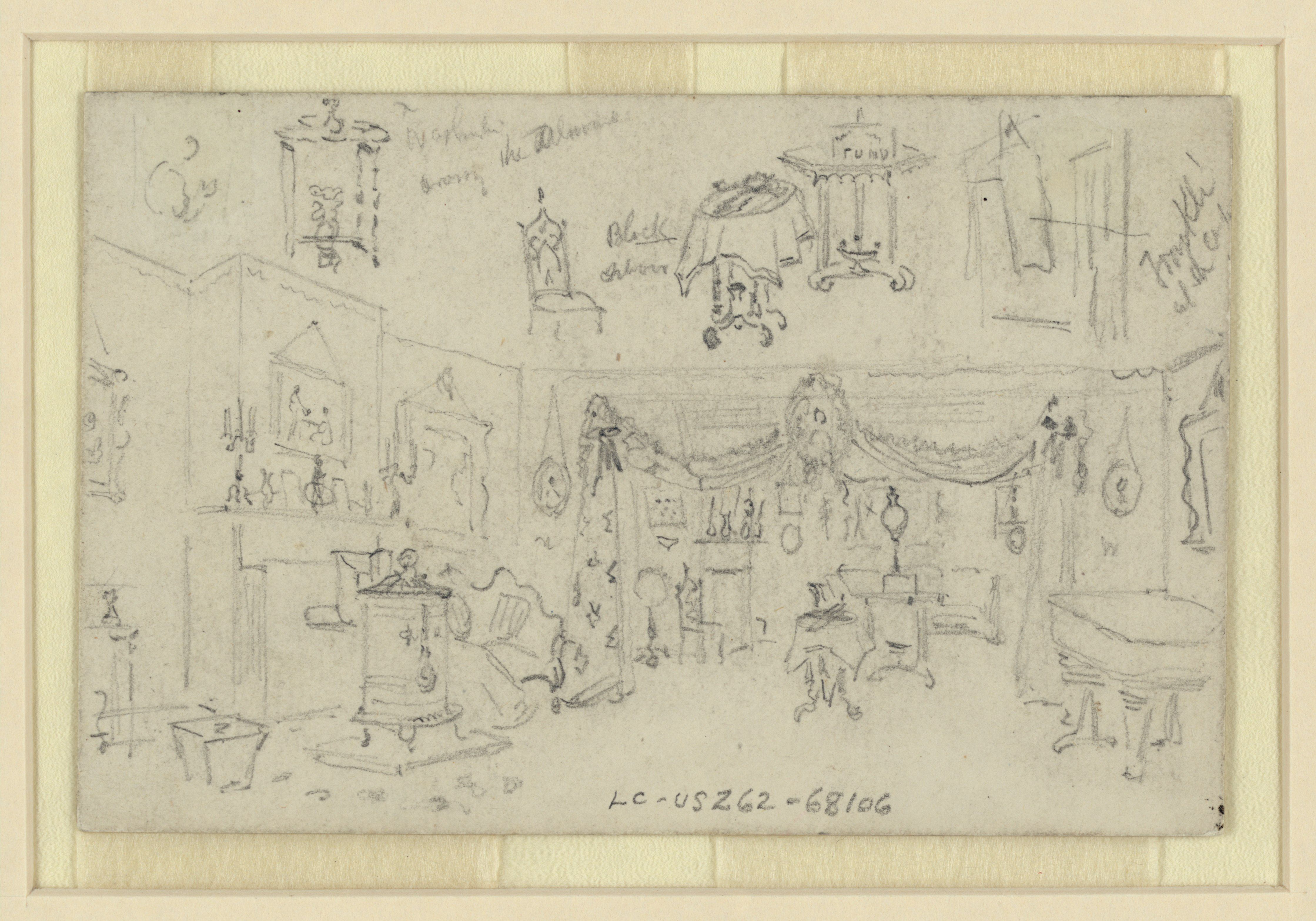 A period drawing of the parlor in the Lincoln home.