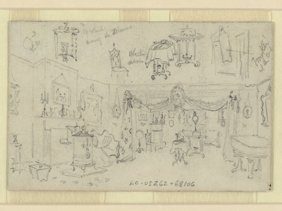 A period drawing of the parlor in the Lincoln home.