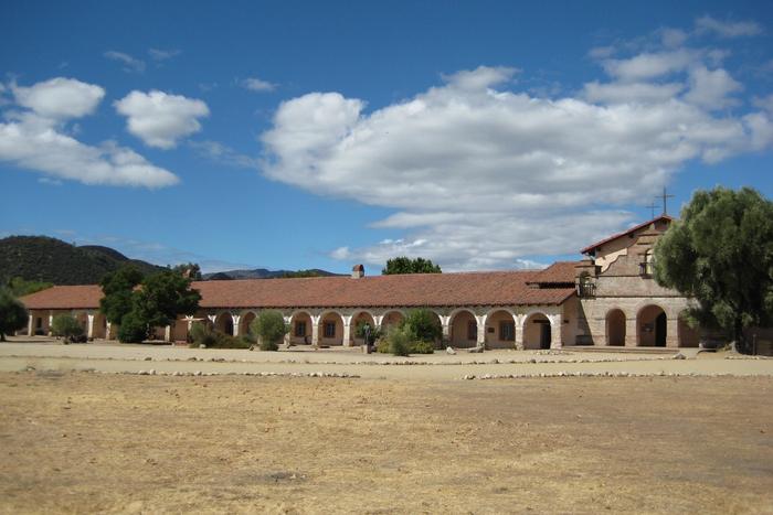 The facade of Mission San Antonio de Padua in Monterey County, California.