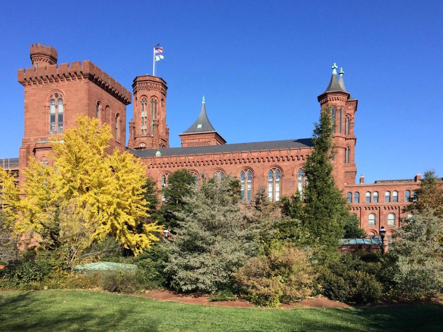 A view of the Smithsonian Castle's Norman Revival towers and turrets.