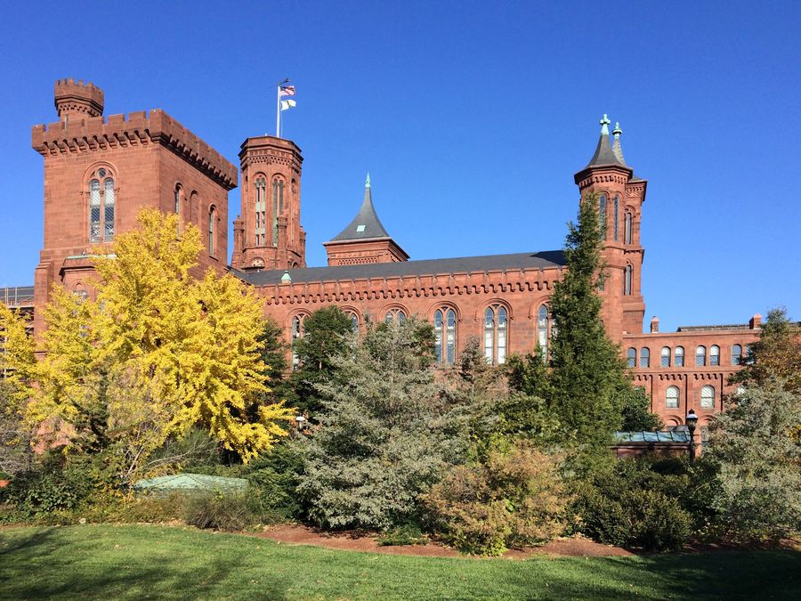 A view of the Smithsonian Castle's Norman Revival towers and turrets.