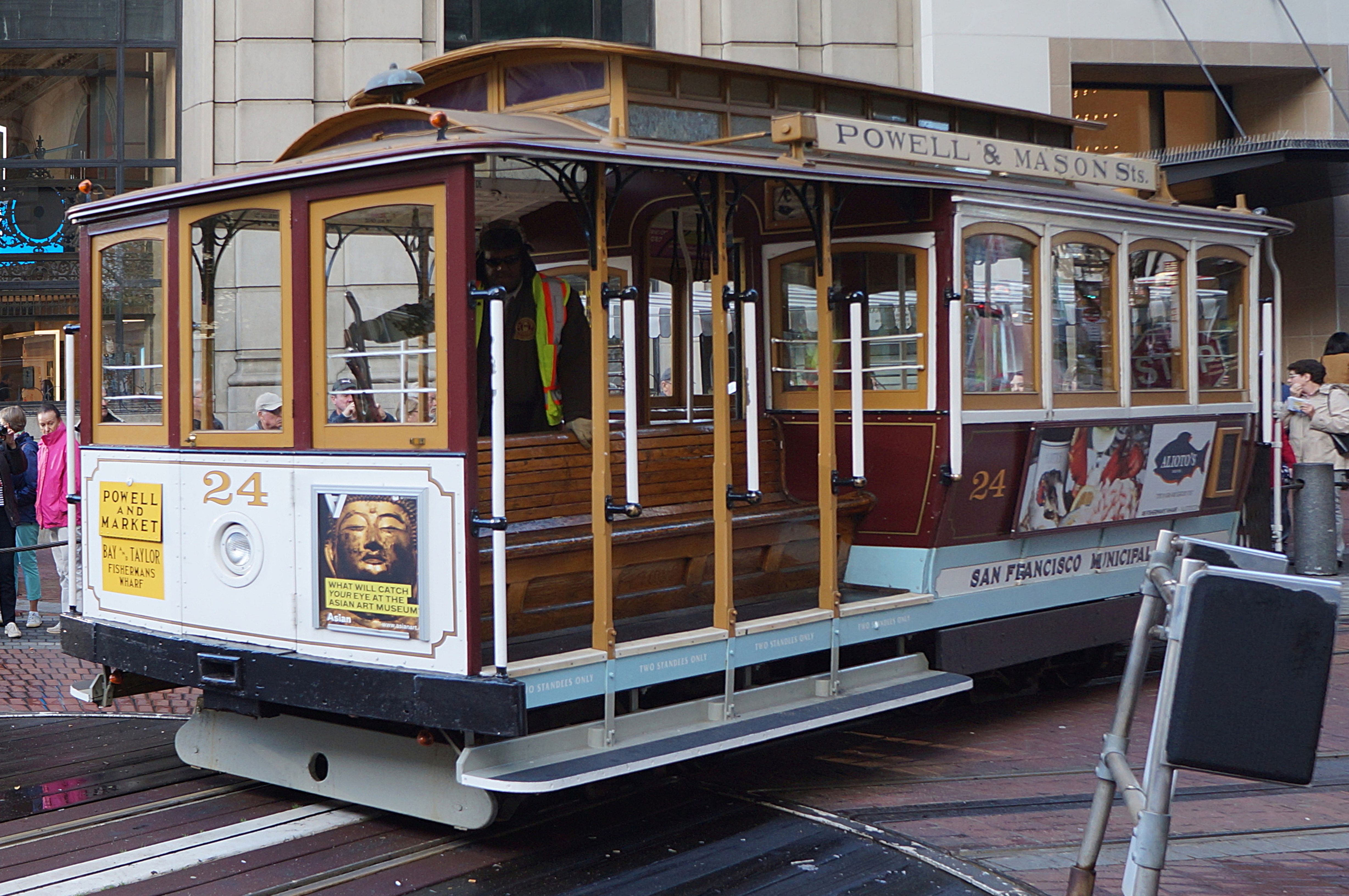 A San Francisco cable car climbing one of the city's steep hills.