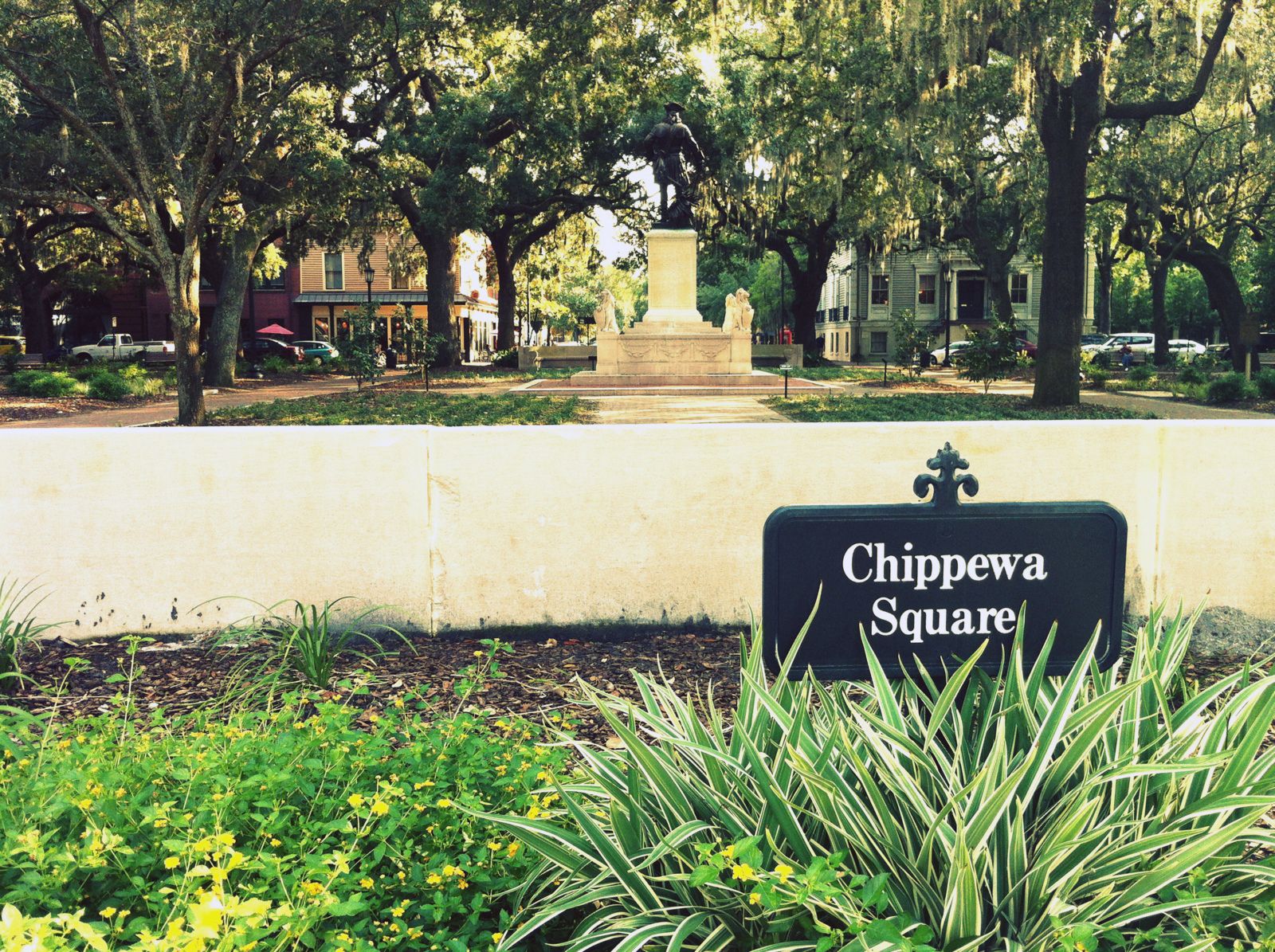 Chippewa Square, one of Savannah's live-oak public squares.