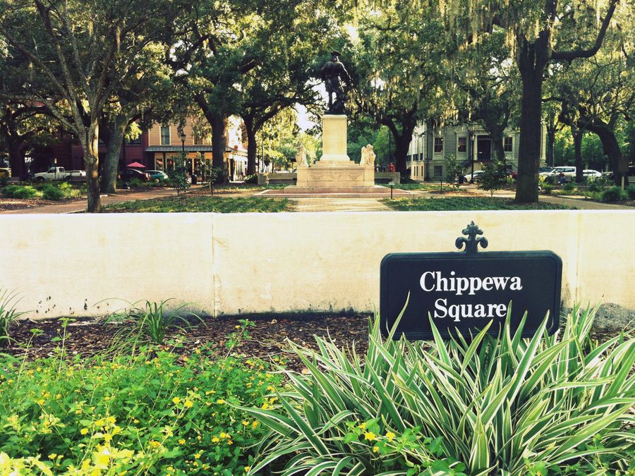 Chippewa Square, one of Savannah's live-oak public squares.