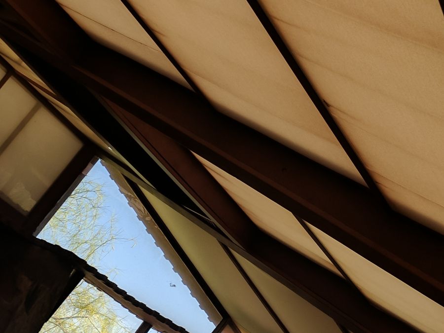 The canvas-and-redwood ceiling of the art studio at Taliesin West.