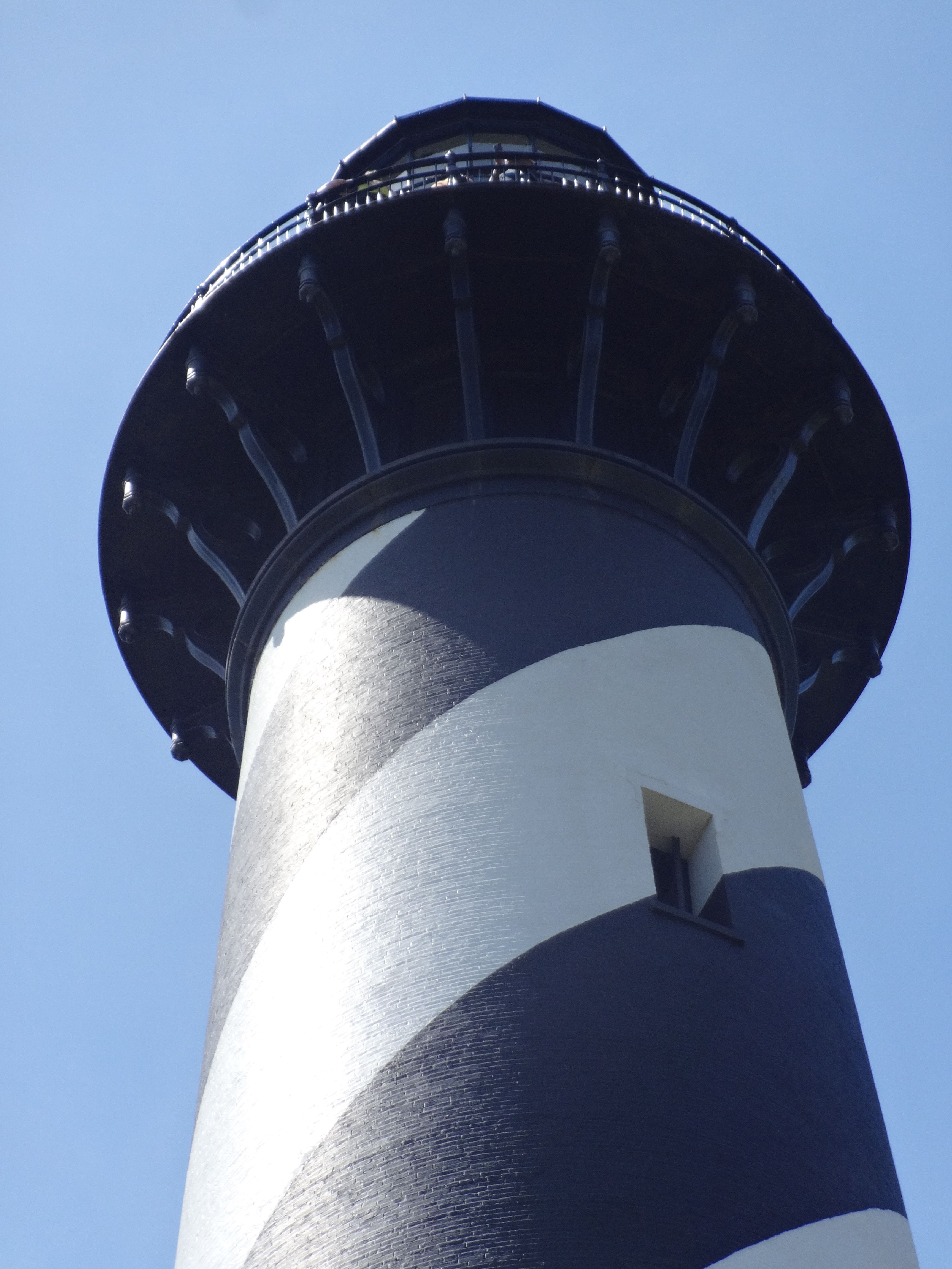 The black-and-white spiral tower of Cape Hatteras Lighthouse.