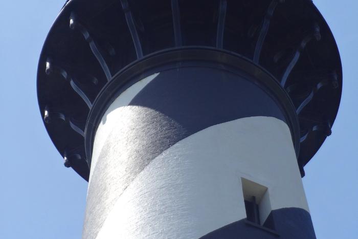 The black-and-white spiral tower of Cape Hatteras Lighthouse.