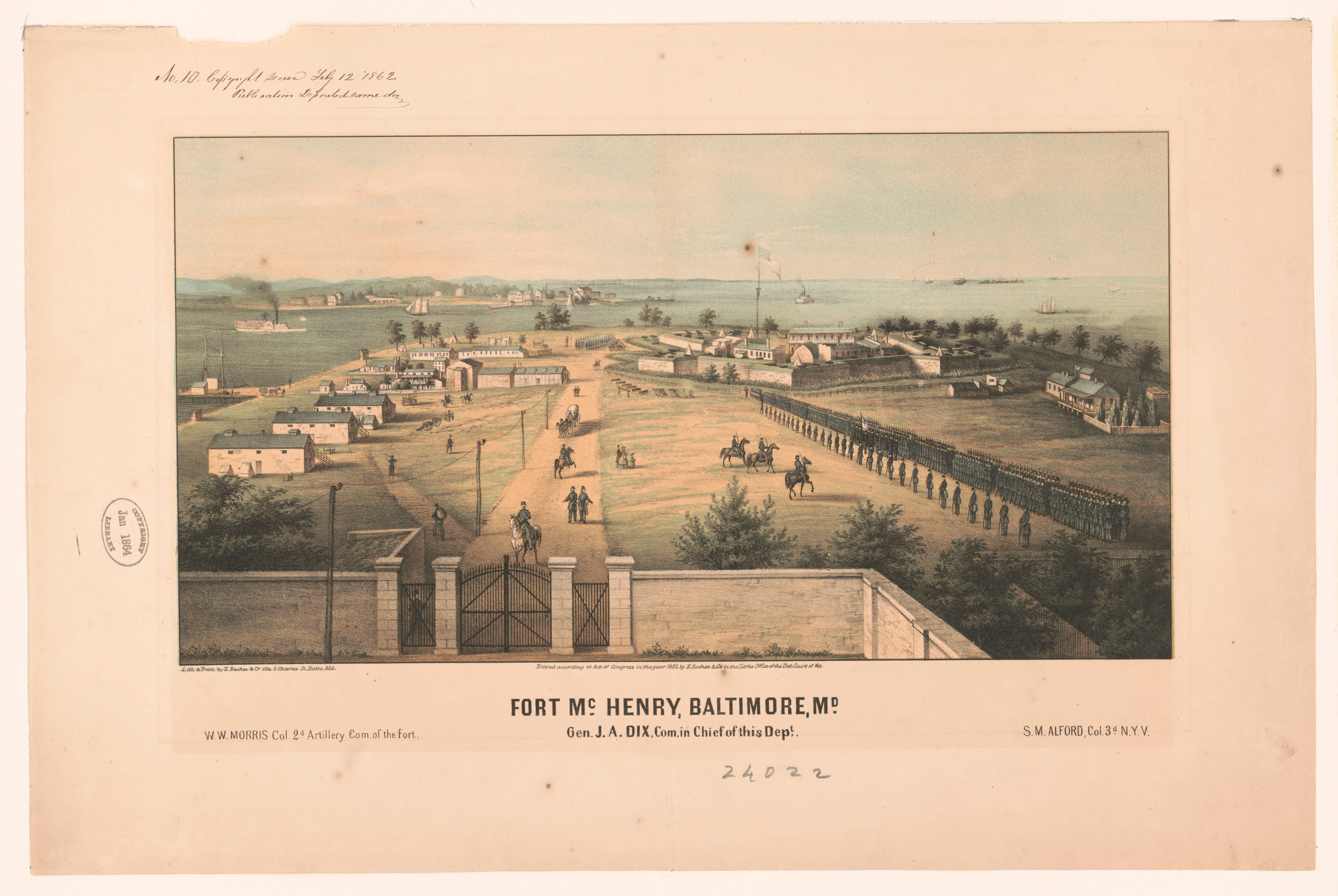 A historic print of Fort McHenry and Baltimore Harbor.