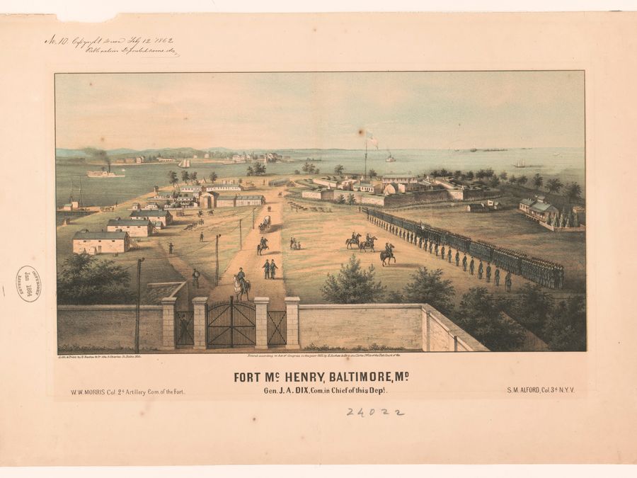 A historic print of Fort McHenry and Baltimore Harbor.