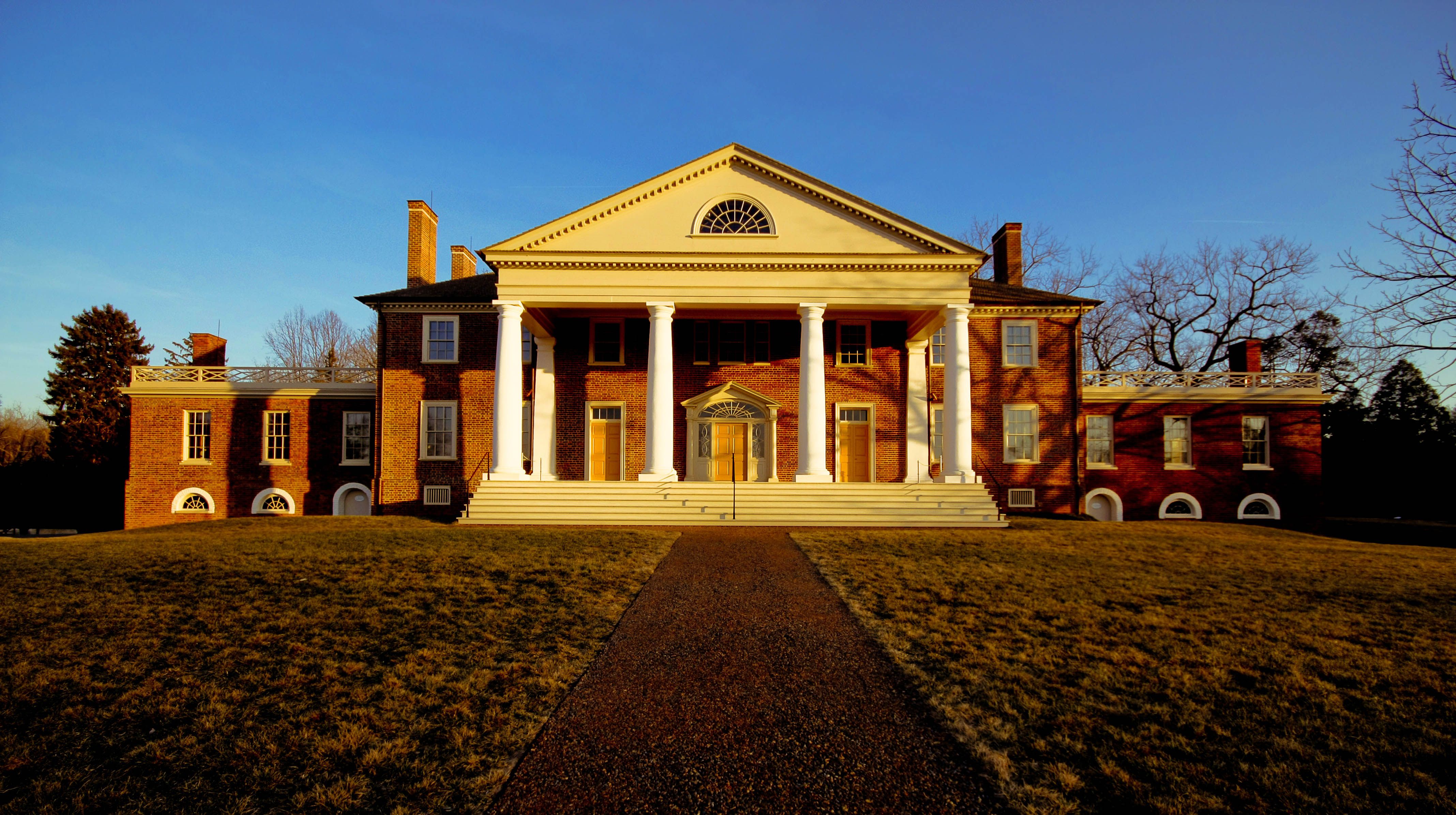 James Madison's Montpelier mansion at sunset in Orange, Virginia.