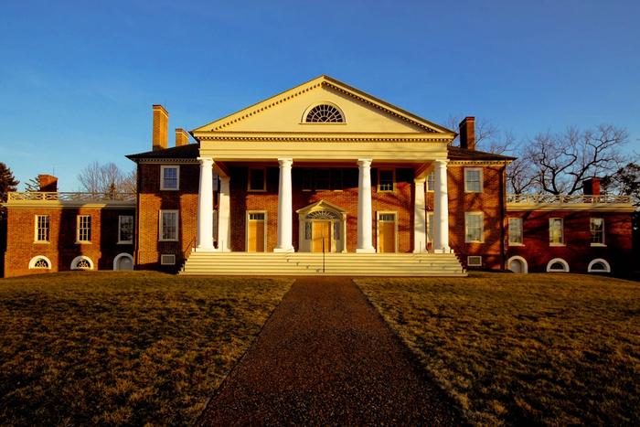 James Madison's Montpelier mansion at sunset in Orange, Virginia.