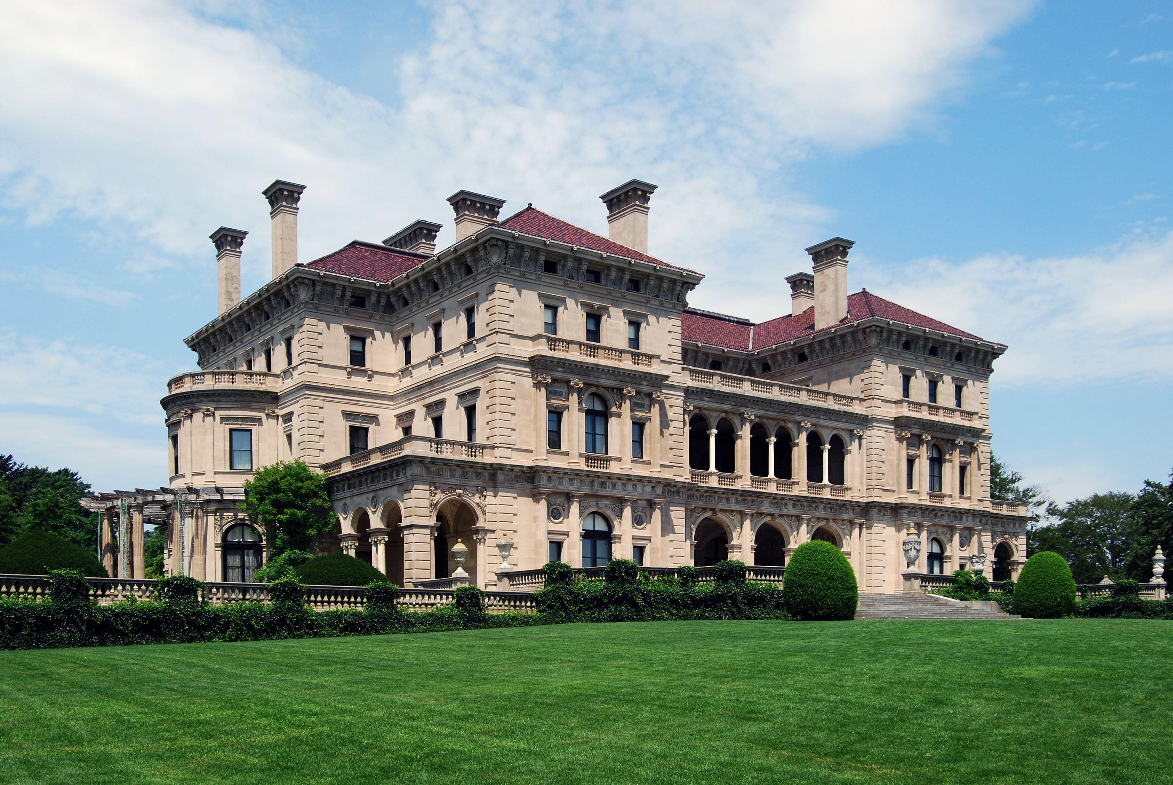 The ocean-facing facade of The Breakers mansion in Newport.