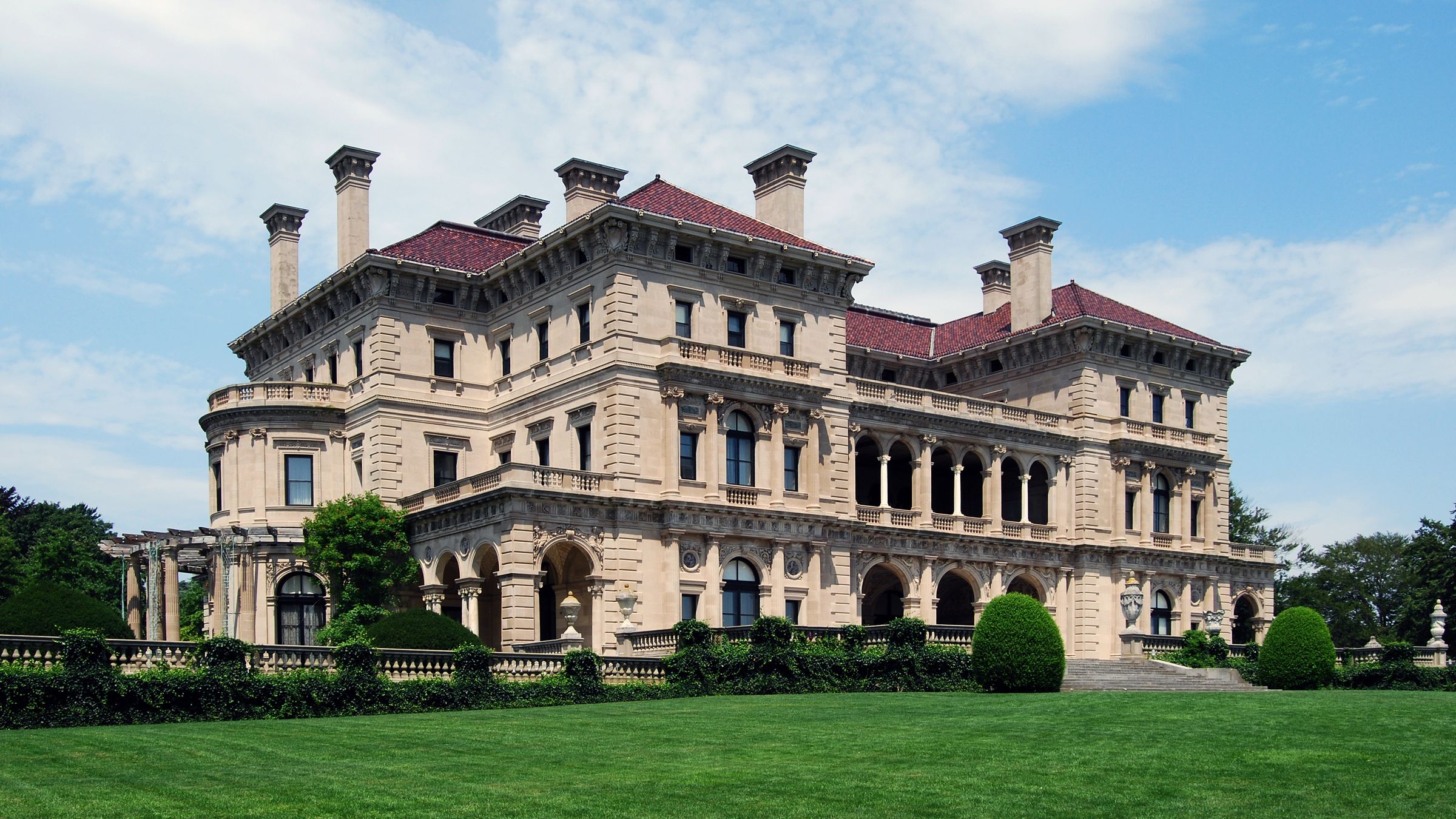 The ocean-facing facade of The Breakers mansion in Newport.