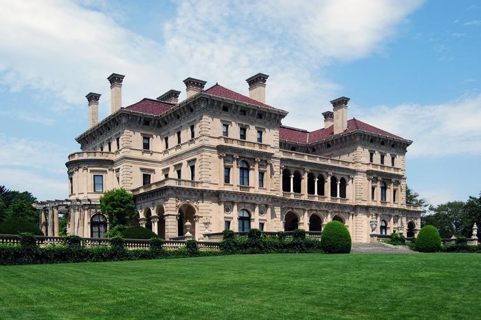 The ocean-facing facade of The Breakers mansion in Newport.