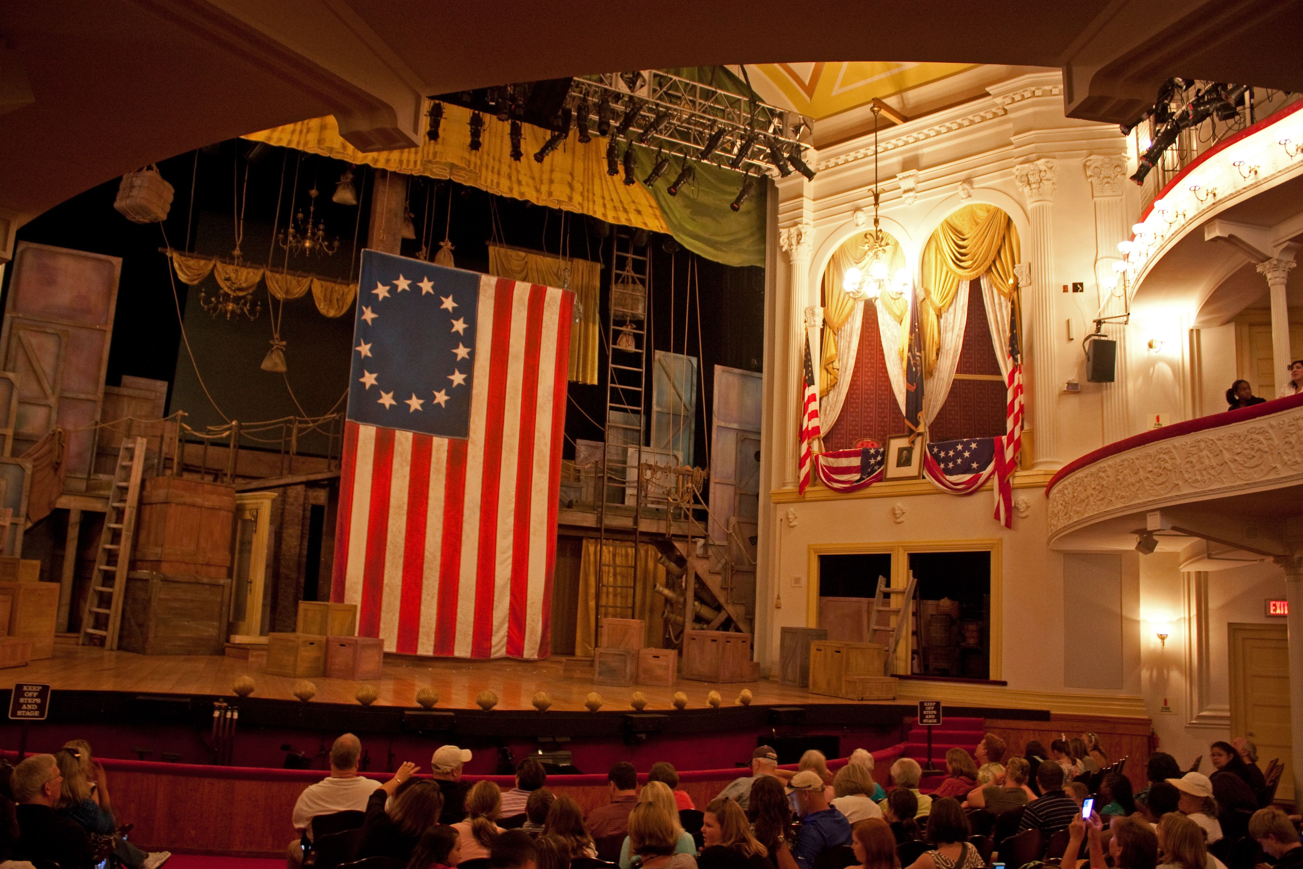 The interior of Ford's Theatre showing the stage and the presidential box.