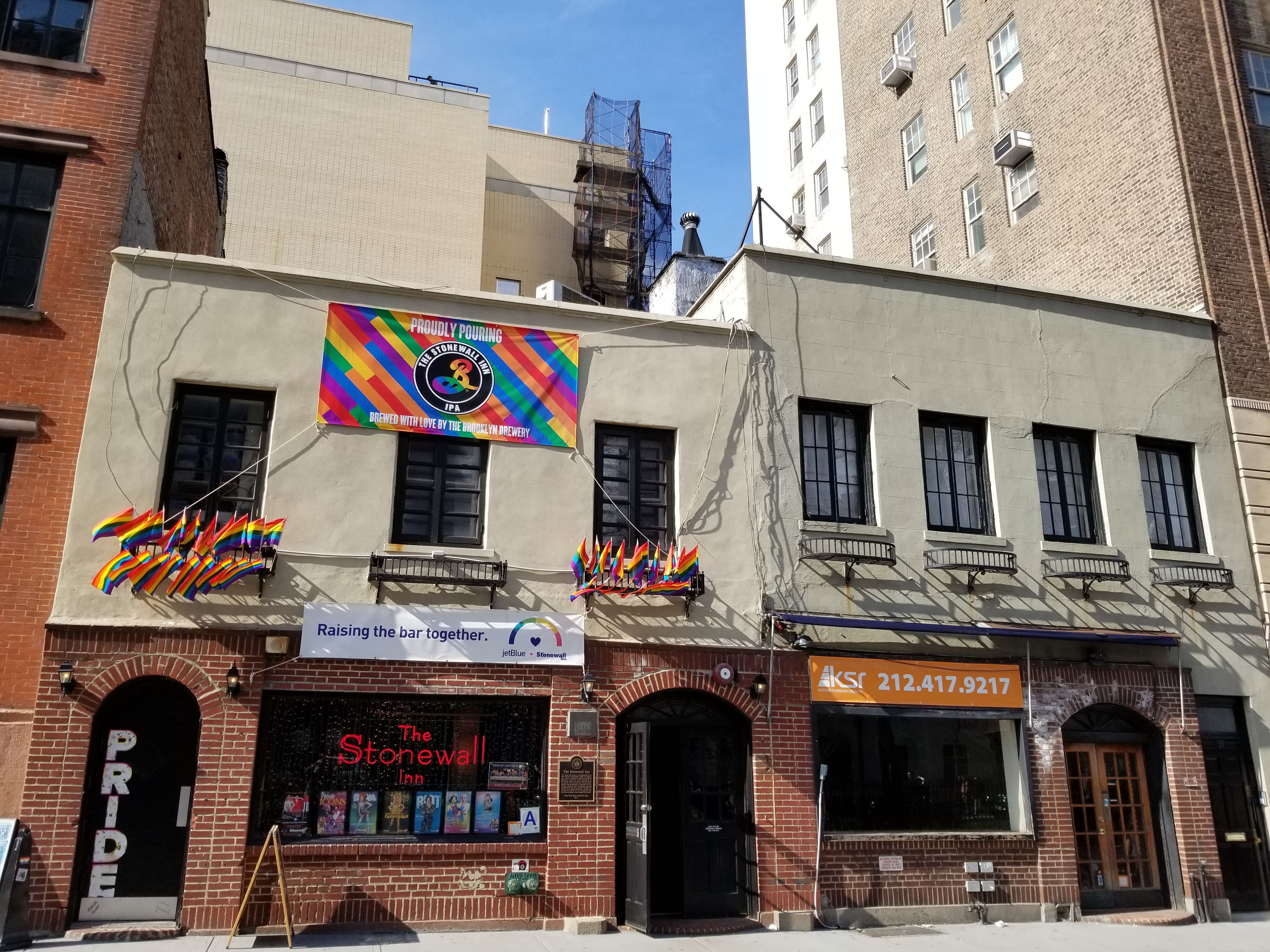 The exterior of the Stonewall Inn on Christopher Street in Greenwich Village.