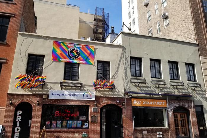 The exterior of the Stonewall Inn on Christopher Street in Greenwich Village.