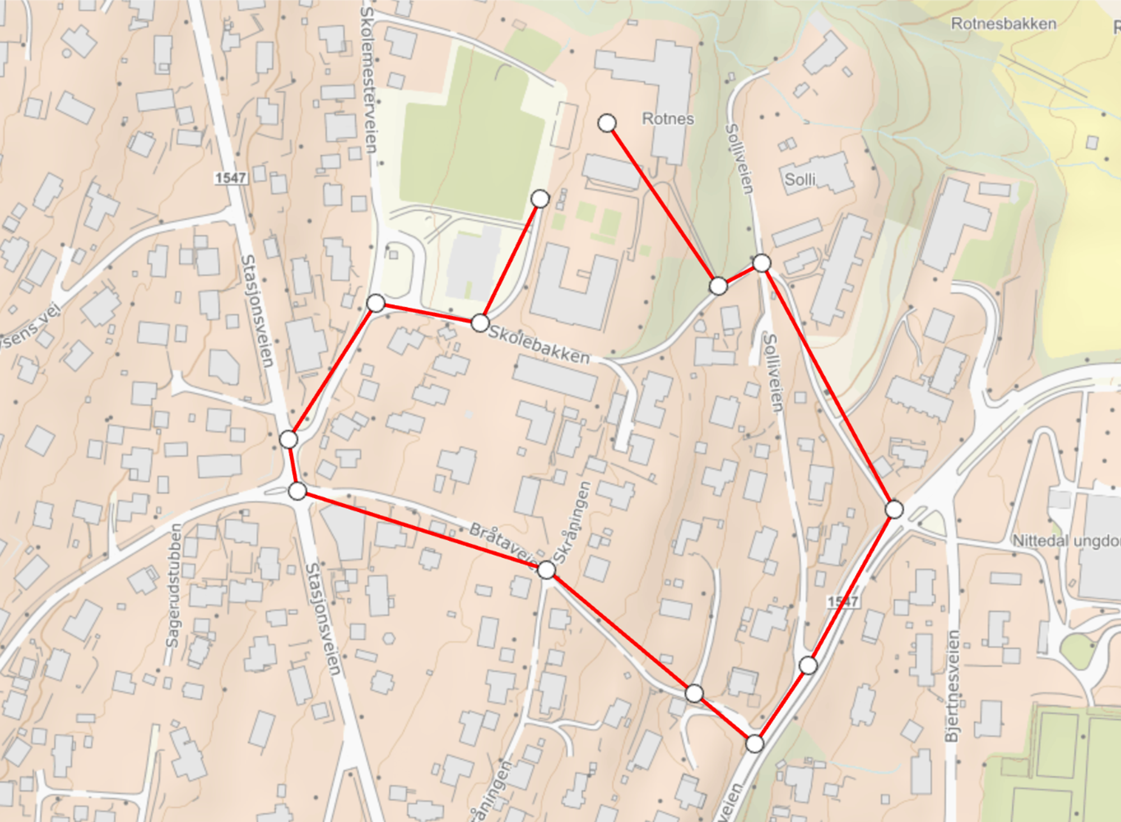 Her er et eksempel på rute og stoppunkter, utformet i Kart i skolen.