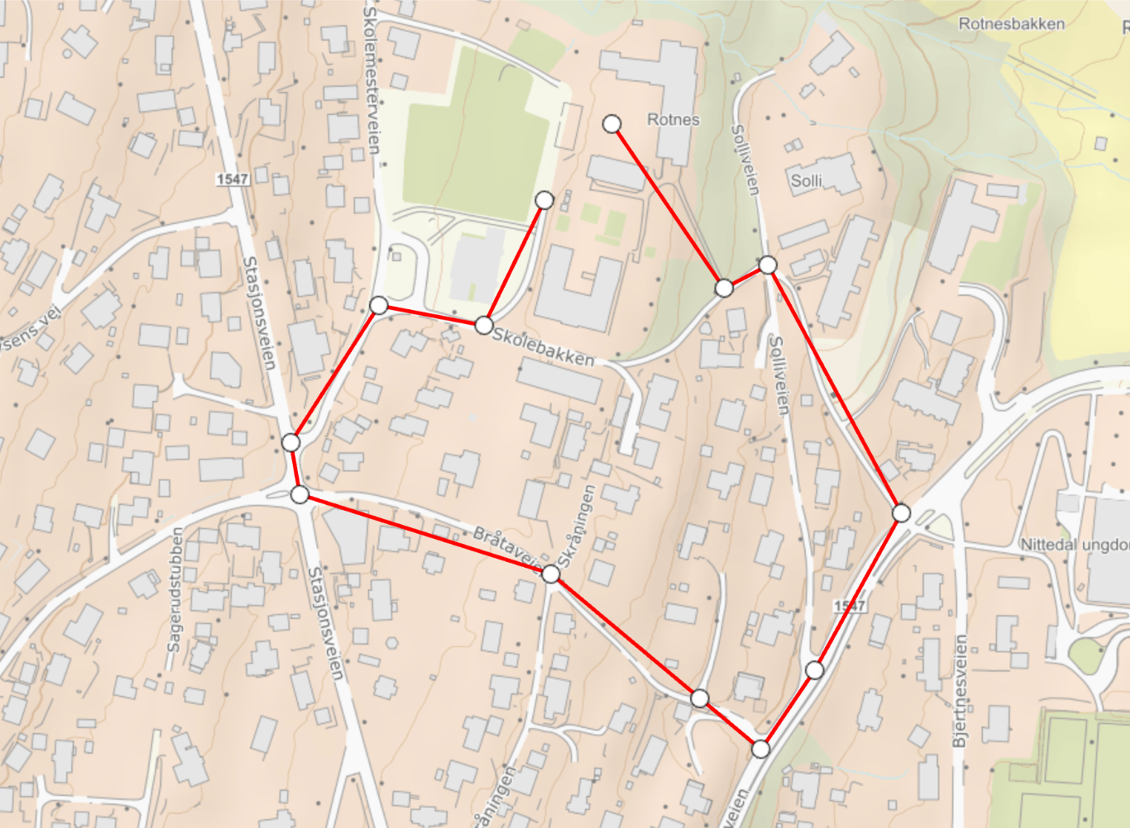 Her er et eksempel på rute og stoppunkter, utformet i Kart i skolen.