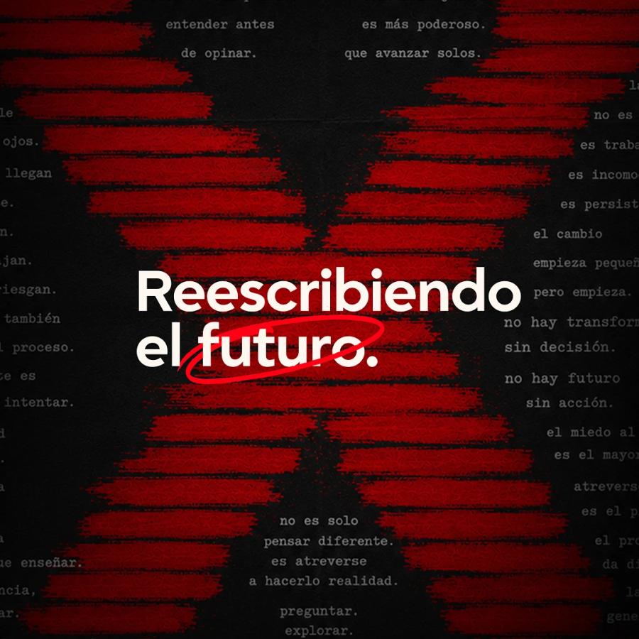 Dark TEDxSanPedroSula graphic with abstract red strokes and grey background phrases, highlighting the headline "Rewriting the future" with the word "future" circled in red.