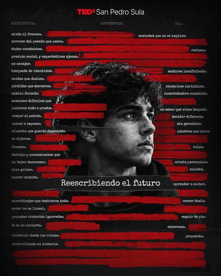 Black-and-white portrait of a young man with curly hair, overlaid with red censorship-style bars and phrases about personal fears and struggles, with the phrase "Rewriting the future" running across the image.
