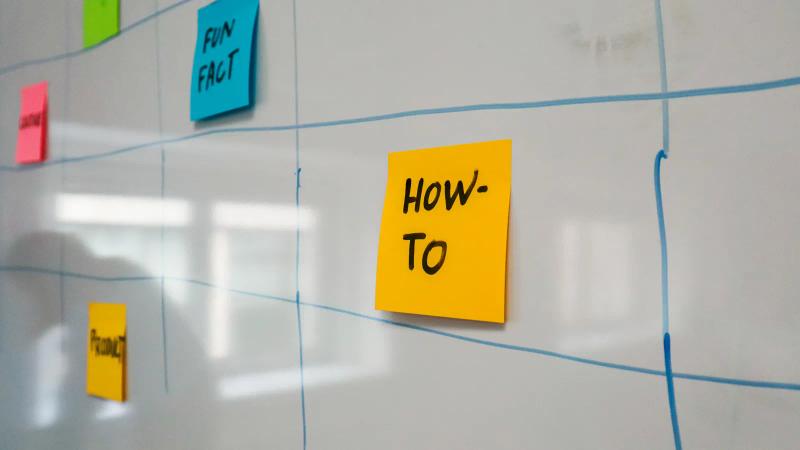 Coloured sticky notes taped across a whiteboard schedule, one team's work laid out as a single visible sequence of stages.