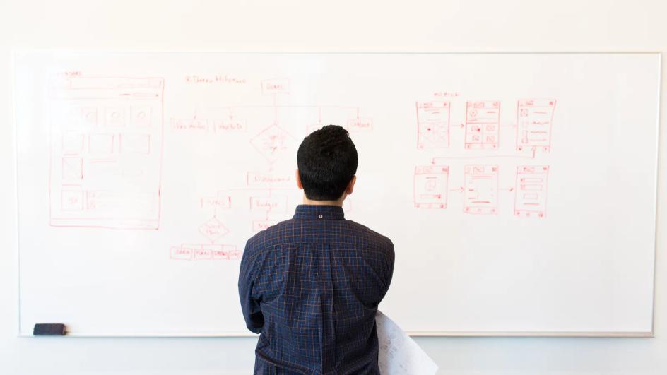 A person standing in front of a whiteboard covered with a hand-drawn flowchart in an office.