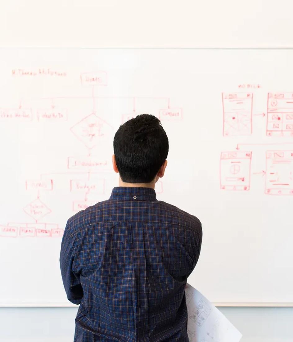 A person standing in front of a whiteboard covered with a hand-drawn flowchart in an office.