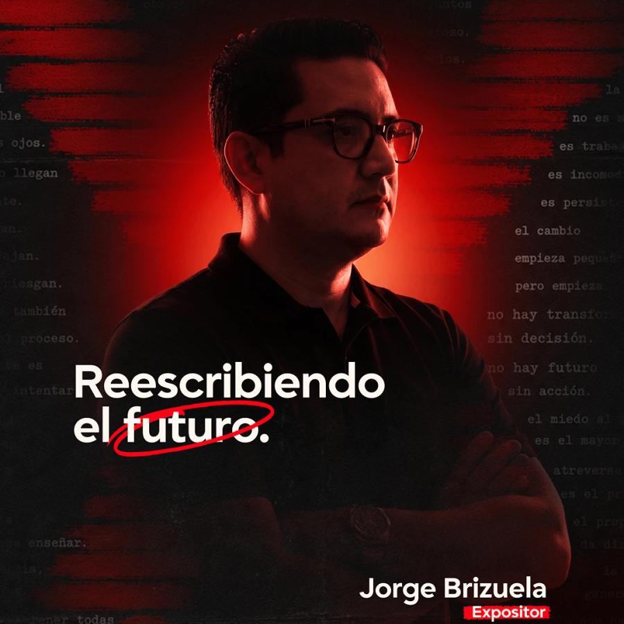 Dramatically red-lit portrait of Jorge Brizuela, TEDxSanPedroSula speaker, arms crossed and wearing glasses, next to the headline "Rewriting the future" and the label "Speaker".